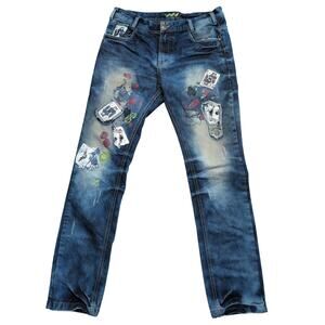 Y2K Frankie‎ Morello Jeans Men 34x30 Straight Leg Distressed Crime Scene Poker